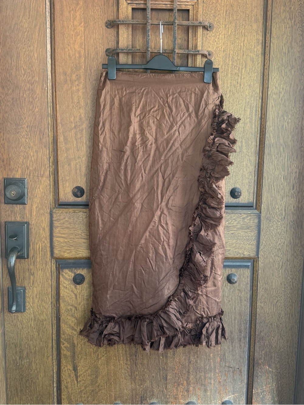 100% Silk Brown Ruffled Midi Skirt - Women Size S